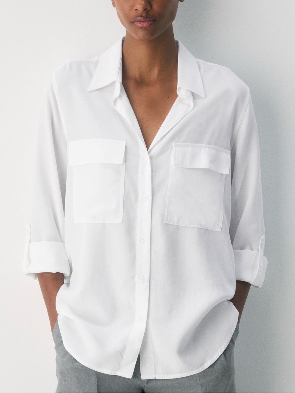 Babaton Utility White Button-Down Pocket Shirt